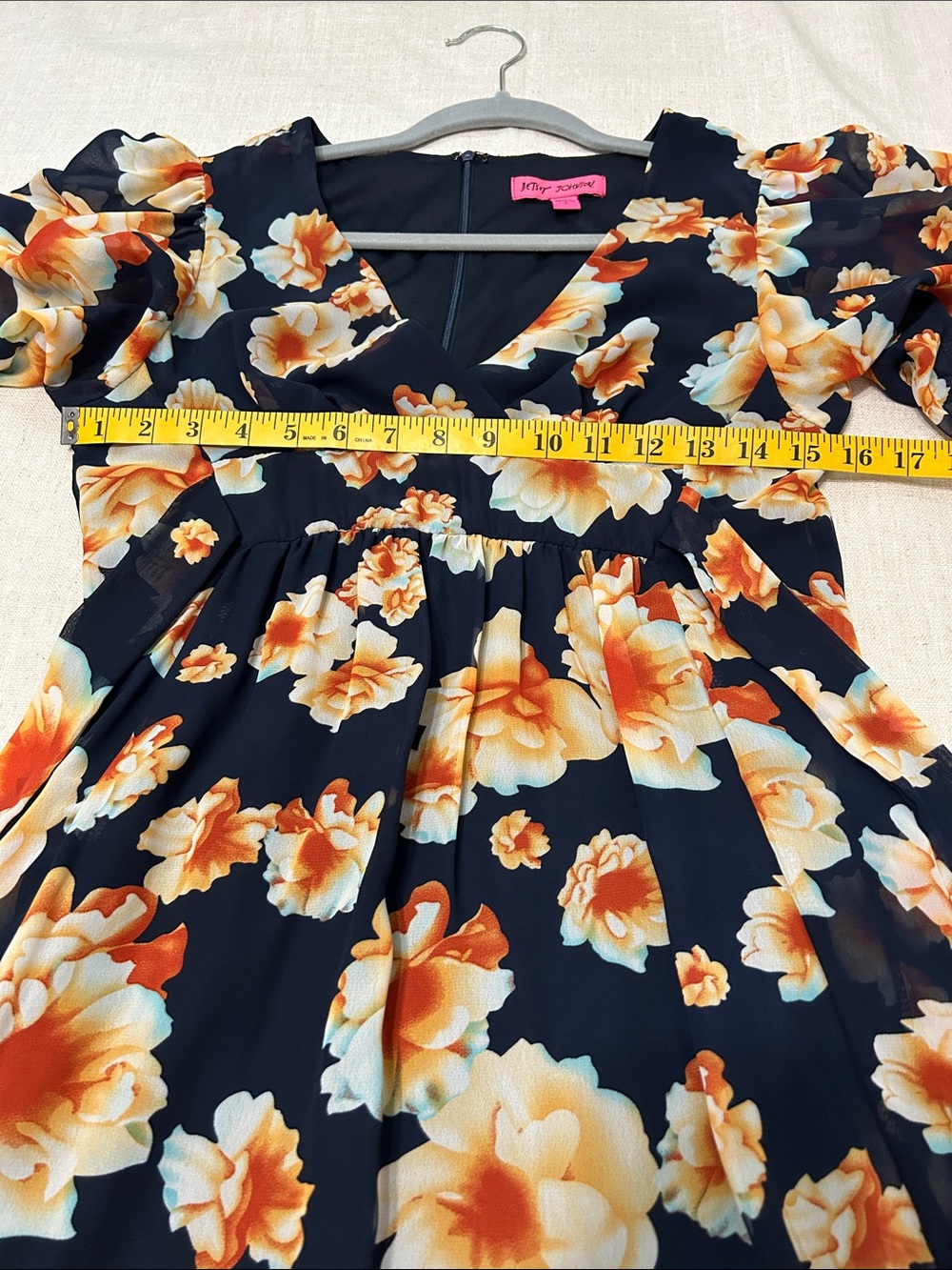 Betsey Johnson Dress Navy Garden Floral Mini Drama Bell Sleeves Fit and Flare - Picture 13 of 16